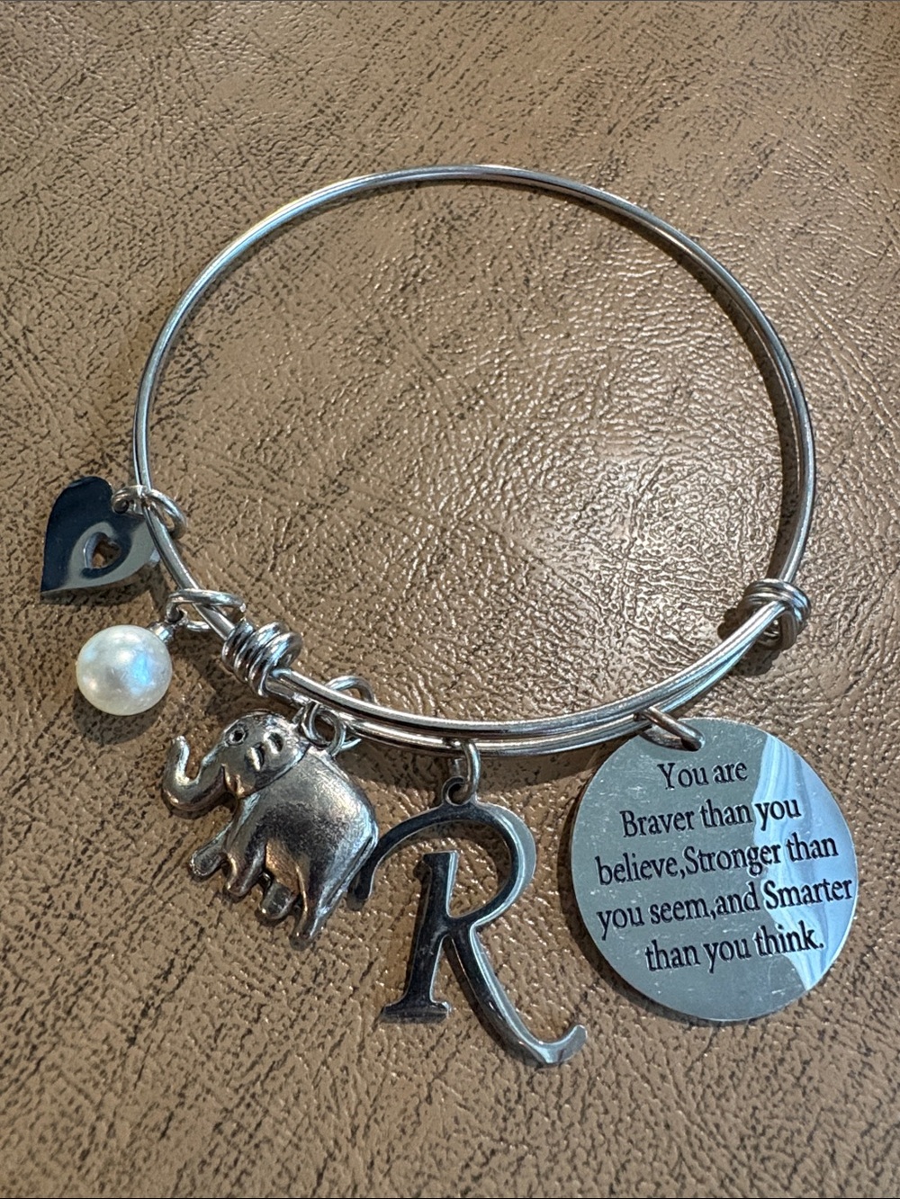 Silver Elephant Charm Initial 'R' Bangle Bracelet with Inspirational Disc